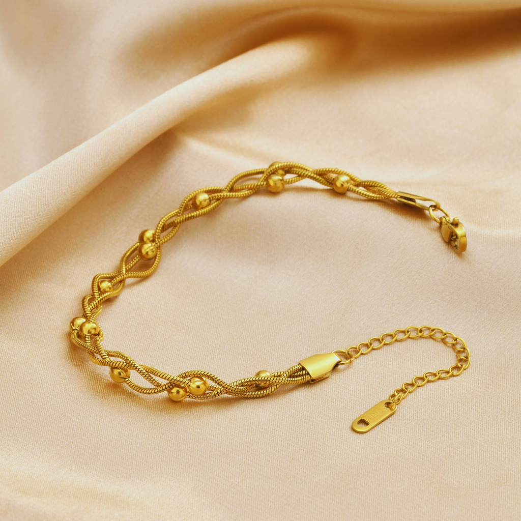 Elegant Woven Chain Bracelet for Women – Adjustable Gold-Tone Beaded Jewelry