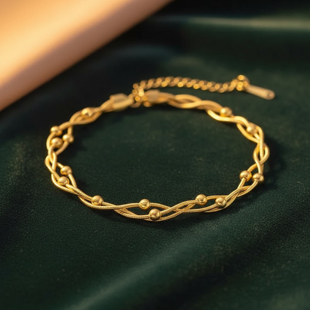 Elegant Woven Chain Bracelet for Women – Adjustable Gold-Tone Beaded Jewelry
